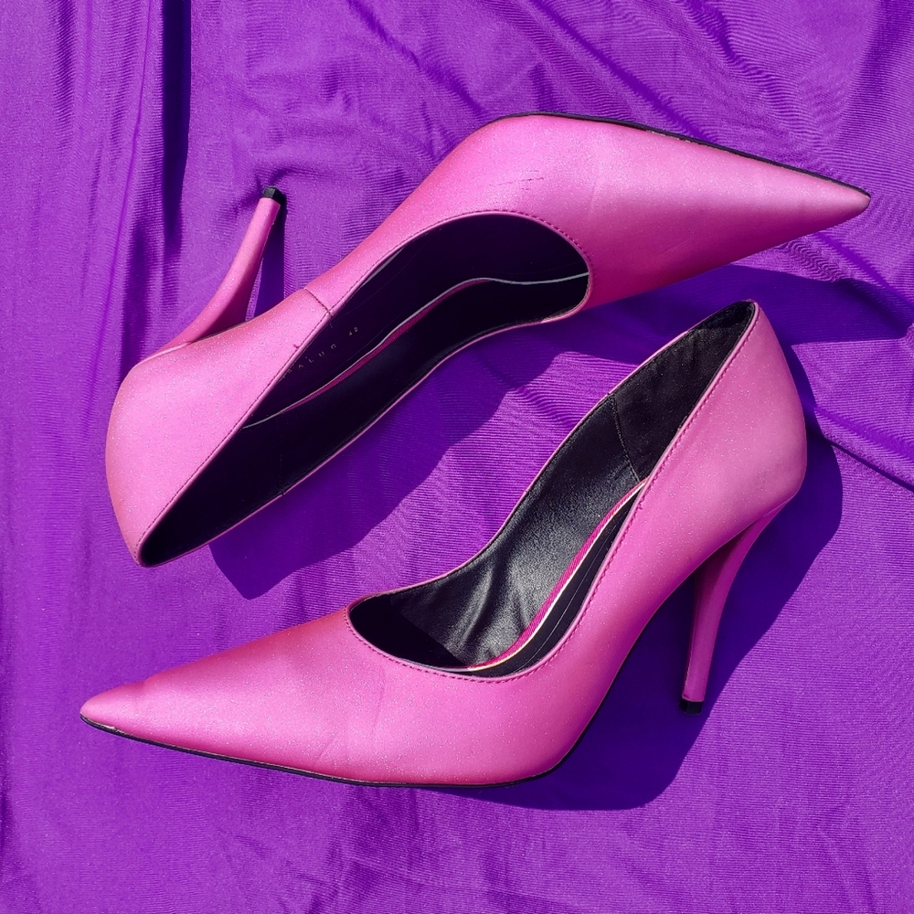 Zara Pink Satin Pointed Toe Heels with Shimmer - Size 11